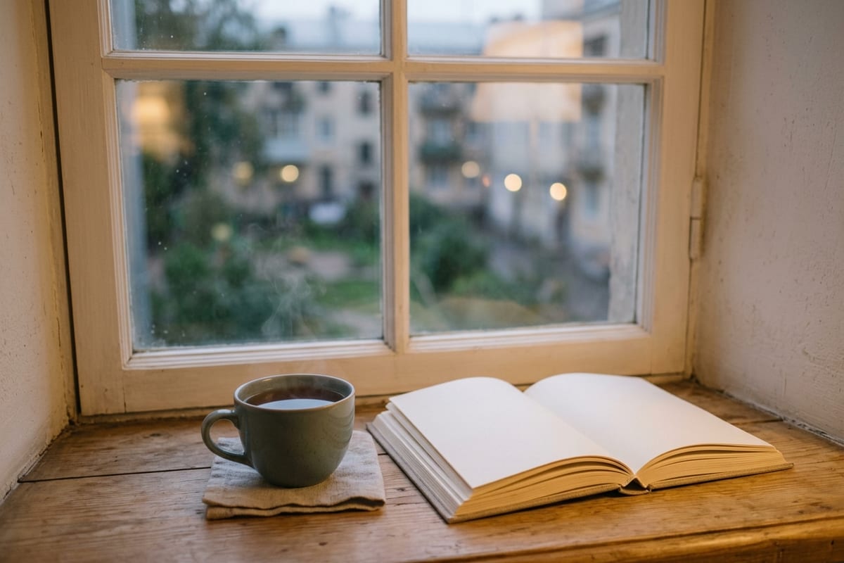 Чашка чая и книга на подоконнике: спокойный вечер